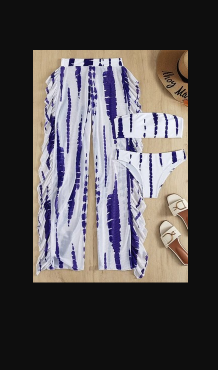 Navy Blue & White Tie-Dye Three Piece Bikini Beach Set