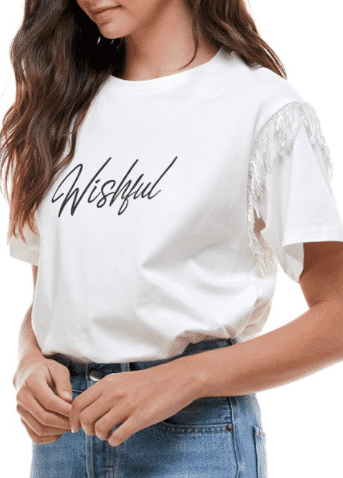 "Wishful" White Sequin Fringe Graphic T-Shirt